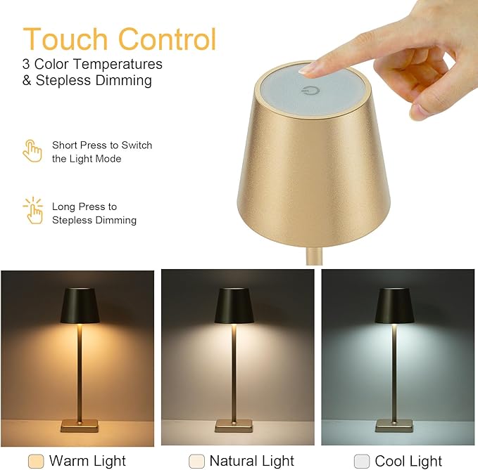1 Pack Rechargeable Cordless Table Lamps, 5200mAh Battery Touch Table Light, Aluminum Shell Stepless Dimmable Portable LED Desk Lamp for Dinner/Restaurant/Outdoor Gold
