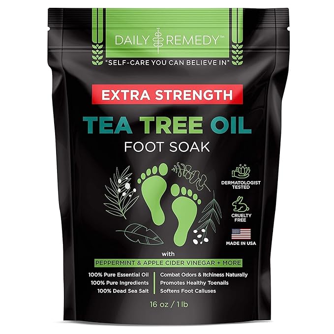 DAILY REMEDY EXTRA STRENGTH Tea Tree Oil Foot Soak w/ Epsom Salt Made in USA Toenails，Athlete's Foot，Itchy Feet，Stubborn Smelly Foot Odor，Pedicure Calluses & Soothes Sore Tired Achy Feet 16 oz，Black