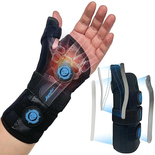 Jupiter Left Hand Wrist Brace with Thumb Support - Day & Night Splint for Carpal Tunnel, De Quervains Tenosynovitis, Tendonitis - S/M - Women & Men,Black-Blue