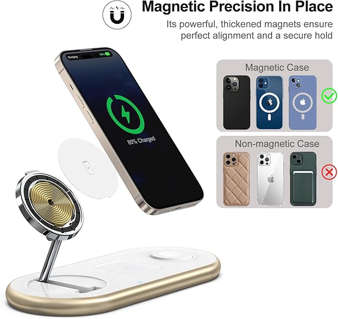 Magnetic Charging Station, 3 in 1 Faster Mag-Safe Wireless Charger Stand, Wireless Charging Pad for Apple Devices, iPhone 17/16/15/14/13/12 Series, iWatch Series, AirPods (Golden)