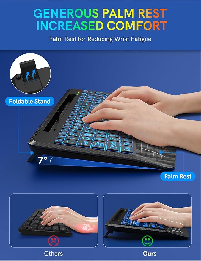 Wireless Keyboard with 7 Colored Backlits, Wrist Rest, Phone Holder, Rechargeable Ergonomic Computer Keyboard with Silent Keys, Full Size Lighted Keyboard for Windows, Mac, PC, Laptop (Large Print)