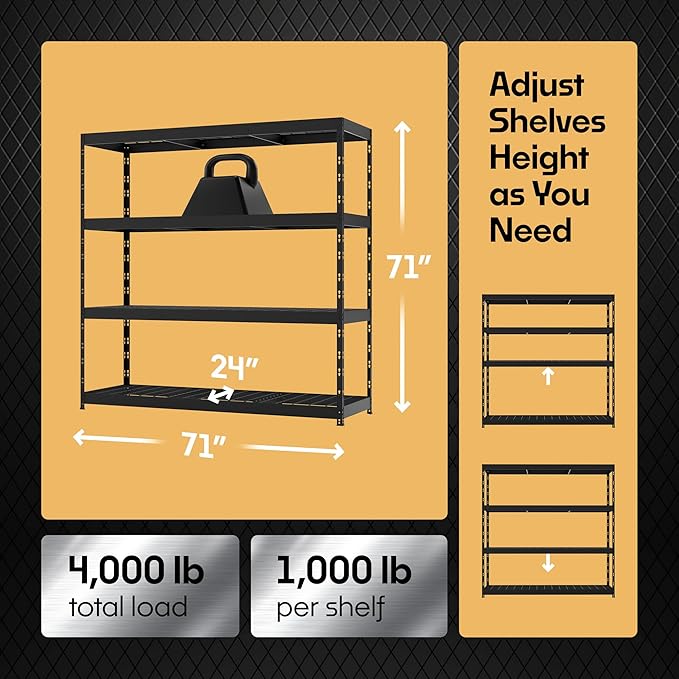 Metalkast Heavy-Duty Metal Garage Shelving | 71" H x 71" W x 24" D | Adjustable Industrial Storage Rack with Wire Shelves | 4-Tier Steel Shelving Unit, 4,000LB Capacity, Rust-Resistant Coating