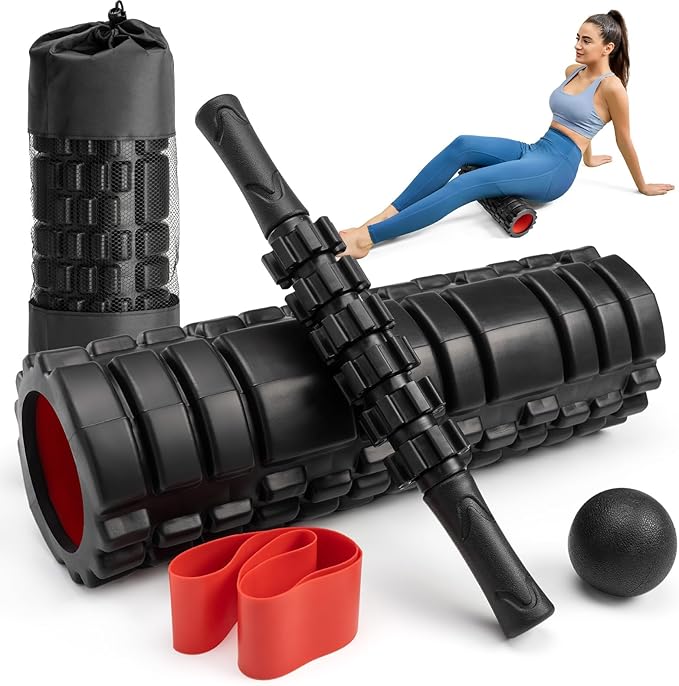 5-in-1 Foam Roller Set, Massage Roller Stick, Massage Ball, Resistance Band for Deep Muscle Massage, Trigger Point Release, Pilates, Yoga (Black-18(5 in 1))