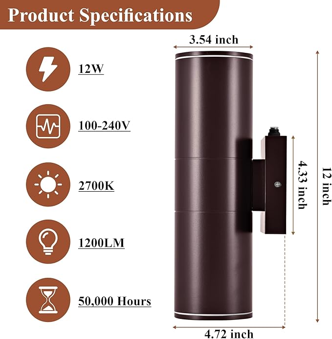 Dusk to Dawn Outdoor Lighting Sensor Wall Lights 2Pack, 12W 2700K Integrated LED Cylinder Up Down Lights Outdoor, IP65 Waterproof Aluminum Exterior Wall Sconce for Porch Patio. Brown