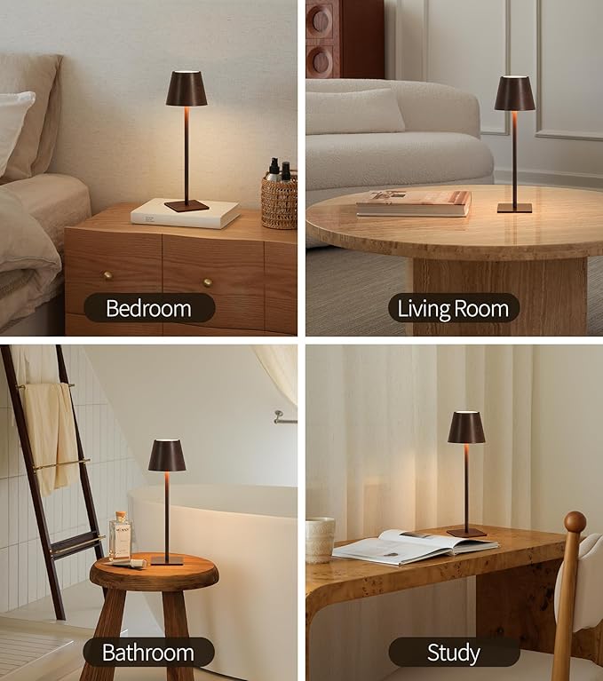 UME 3 Pack Cordless Table Lamp, Battery Operated Lamp - Portable Waterproof Rechargeable Table Lamp w/ 3 Color Temps & Stepless Dimming for Dinner, Desk, Cafe, Outdoor (Woodgrain)