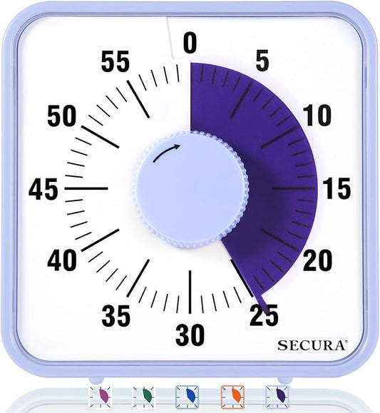 Secura 7.5 Inch Visual Timer, 60 Minute Oversize Visual Countdown Timer for Kids and Adults, Durable Mechanical Time Management Tool (Violet)