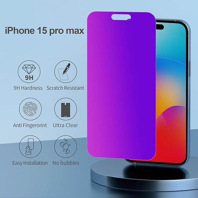 Compatible for iPhone 15 Pro Max Privacy Screen Protector Tempered Glass 6.7 Inch, Purple Gradient Anti Spy Anti Blue Light HD Easy Installation