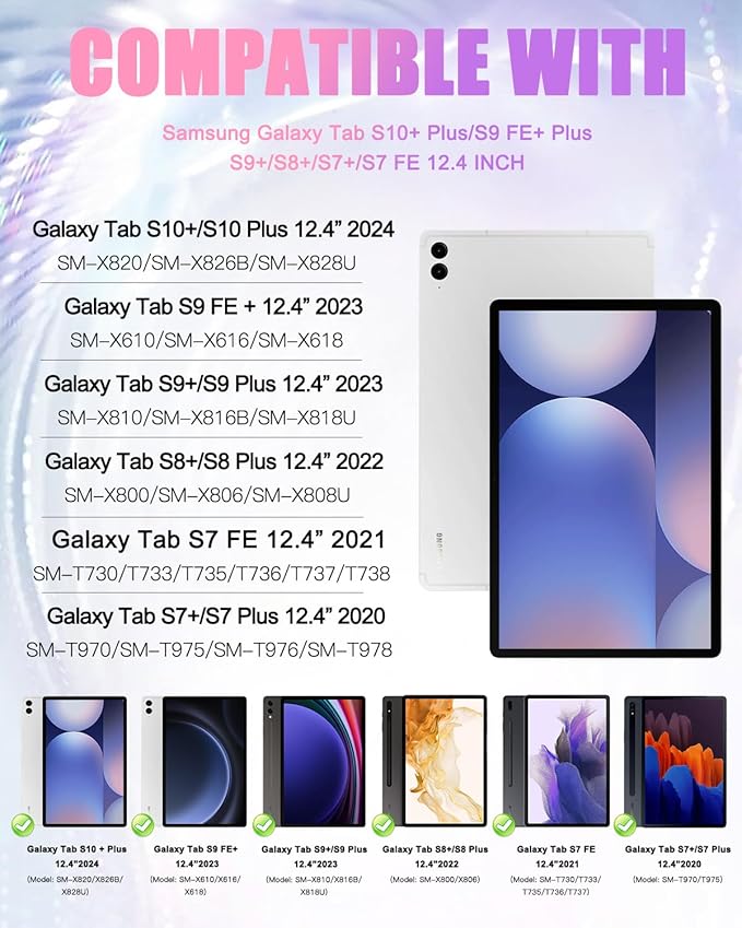 BRAECN Case for Samsung Galaxy Tab S10+/S9 FE+/S9+ 12.4” 2024, Rugged Silicone Cover with Shoulder Strap/S Pen Holder/Screen Protector/Kickstand/Handle Grip for Tab S9+/S8+/S7 FE/S7+, Sakura Pink