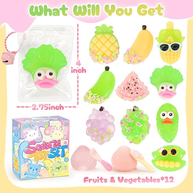 Squeeze Squishy Toys for Kids, 12Pcs Fruit Vegetables Sensory Fidget Toys, Easter Egg Fillers Party Favors Treasure Box Toys for Classroom Stress Relief Gifts Travel Cute Stuff for Boys Girls