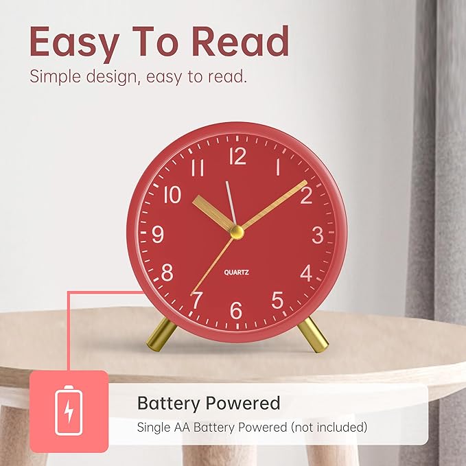 Analog Alarm Clock, 4 inch Super Silent Non Ticking Small Clock with Night Light, Battery Operated, Simple Design, easy setting for Office, Bedroom, Bedside, Desk, teens, elders, kids, adult, Red