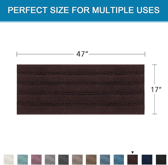 H.VERSAILTEX Bath Rugs for Bathroom Non Slip Bath Mats Extra Thick Chenille Striped Bath Rug Runners 47" x 17" Absorbent Fluffy Soft Shaggy Mats Dry Fast Plush Area Carpet for Bath Room - Chocolate