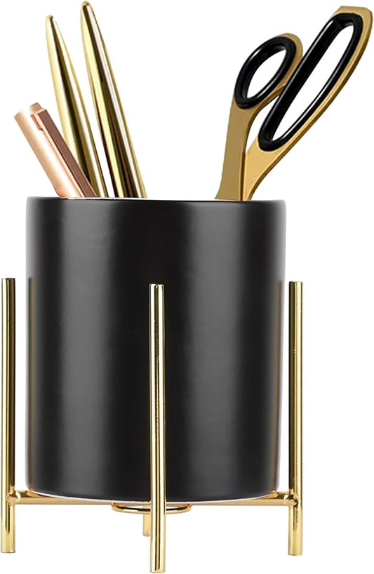 Sturdy Pen Holder Simple and elegant for Desk Matte Pencil Holder Ceramic Cute Desktop Organizer Brush Holder Cup (Black and Gold Plated)