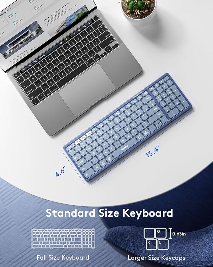 Samsers Foldable Bluetooth Keyboard with Numeric Keypad, Full-Size Wireless Folding PU Leather, Portable Travel for iOS Android Windows Mac OS, Support 3 Device(BT5.1 x 3) Blue