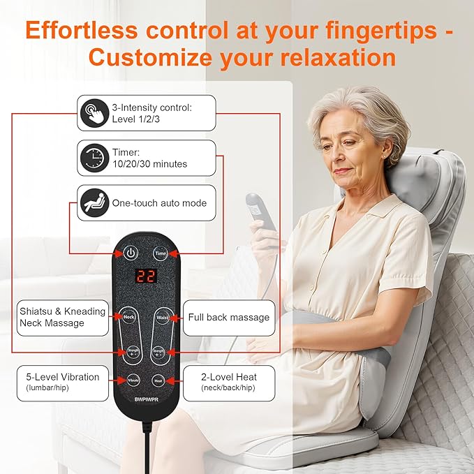 4D Shiatsu Massage Cushion w/Heat - Neck Back Pain Relief, Targets Muscle Stiffness from Long Sitting - Kneading, Vibration Technology & Dual Necks Heads Design for Office Chair, Home, Grey
