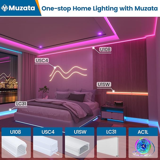 Muzata 20Pack 3.3FT/1M LED Channel Black Aluminum U Shape LED Diffuser Channel with Milky White Cover Easy Installation U1SW BW 1M