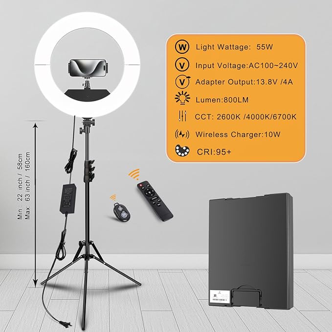 Ring Light Kit:18"/45cm Outer 55W6700k Dimmable LED Light, Tripod Stand, Remote Controller,Box for Camera,Smartphone,YouTube,TikTok,Self-Portrait Shooting,CRI90,Black