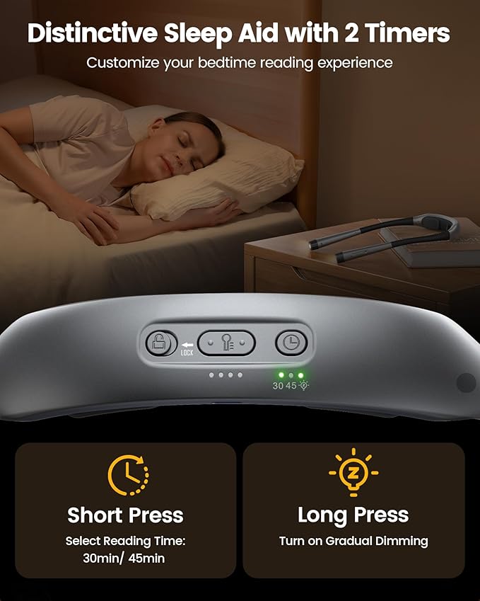 Glocusent Ergonomic Reading Light, 1600mAh Rechargeable Book Light for 100 Hrs - 3 Colors & 5 Brightness, Neck Light with Timers, Sleep Aid & Travel Lock, Perfect for Reading, Knitting & Craft