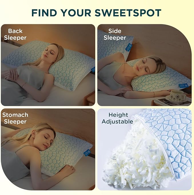 QUTOOL Shredded Memory Foam Pillows King Size Set of 2, Cooling Pillows for Sleeping, Adjustable Bed Pillow for Side Back Stomach Sleepers, Soft Supportive Pillow with Removable Washable Cover