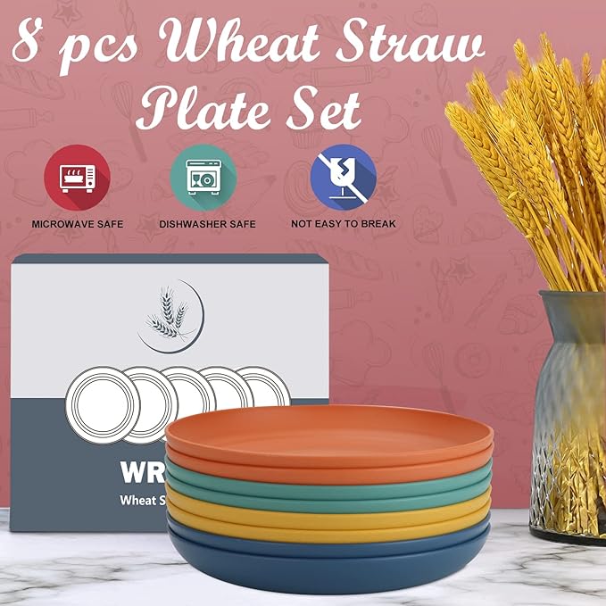 Wheat Straw Plates - 8 Inch Unbreakable Dinner Plates Set of 8 - Dishwasher & Microwave Safe Plastic Plates Reusable - Lightweight Plate for kitchen,R.V. (Colorful Series)