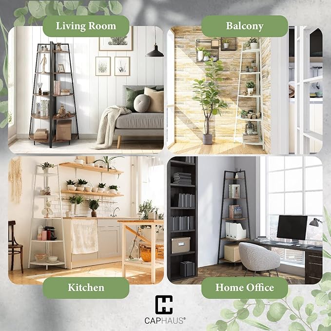 CAPHAUS Tall Corner Shelf Stand, 6-Tier Display Shelves, Ladder Corner Wood Storage Plant Bookshelf with Metal Frame, Versatile Shelving Unit Bookcase for Home Office Space, White