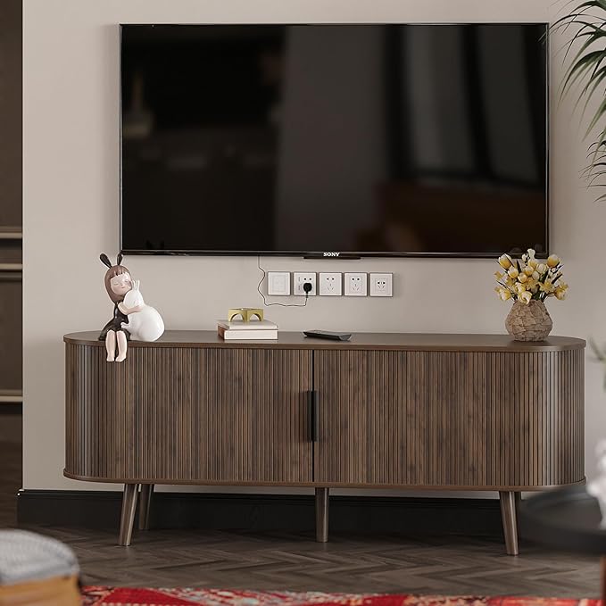 Fluted TV Stand Mid Century 59" TV and Media Console Table with Storage Shelf Sliding Door Modern Entertainment Center for Living Room, Bedroom fit 32"- 65" TVs (Rustic Brown, 59")