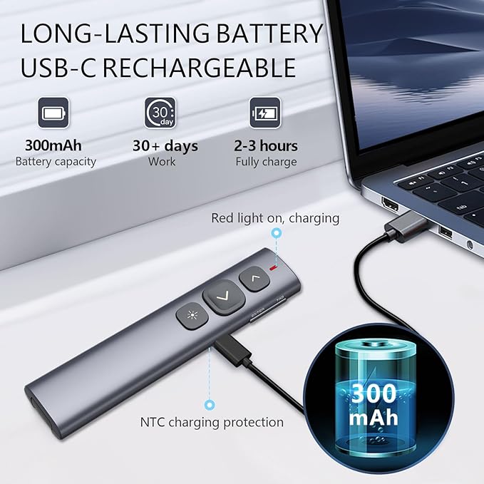 Norwii N95 Presentation Clicker, PowerPoint Clicker for Presentation Remote, Rechargeable Wireless Presenter Pointer, Slide Advancer for PC/Laptop/e-Book in Classroom, Auditorium, Church (Red, USB-A)