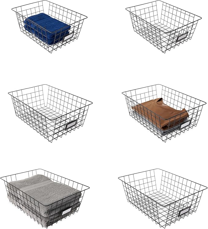 Amazon Basics Wire Storage Baskets for Organizing, Black, Pack of 6