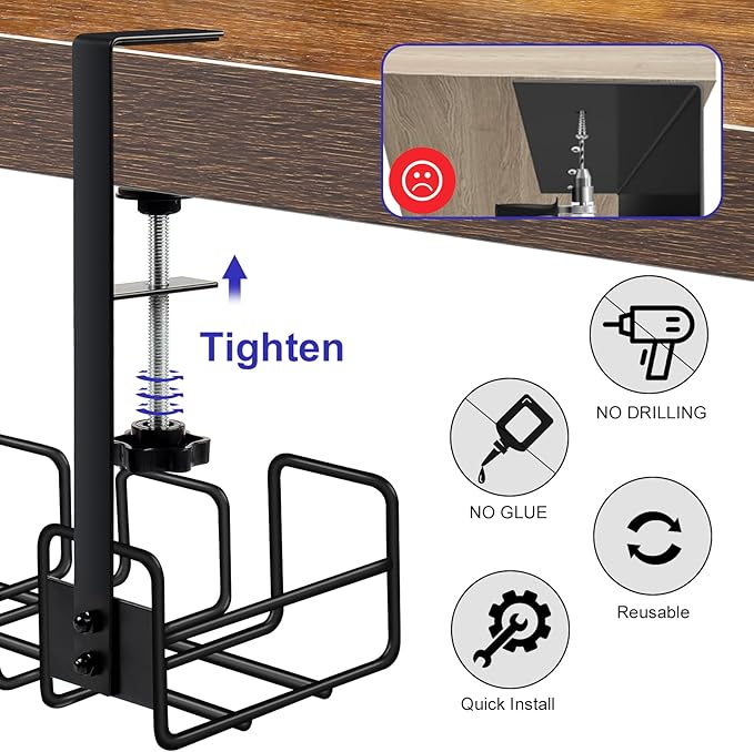 OneLeaf Under Desk Cable Management Tray - No Drill Wire Management Rack for Office, Computer Desk Accessories with Cable Organization