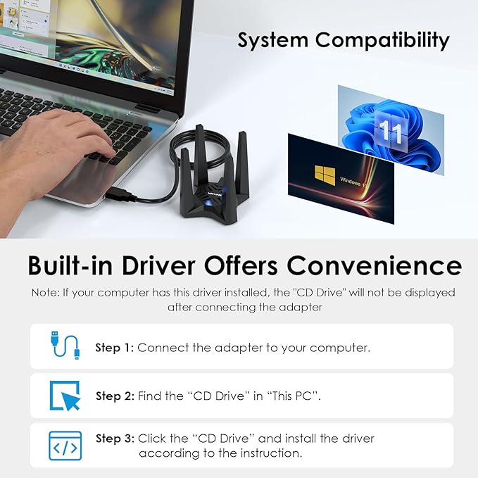 USB WiFi Adapter for Desktop PC, AX1800 WiFi Adapter Dual Band Wireless Network Adapter with 2.4GHz/5GHz High Gain Antennas, MU-MIMO, WPA3, Supports Windows 10/11 Only