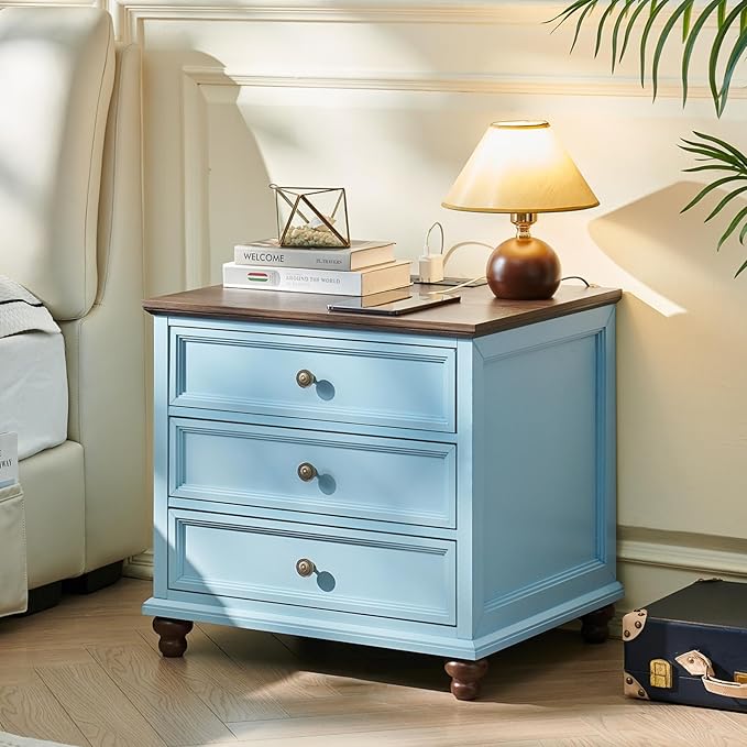 Farmhouse Nightstand Set of 2 with Charging Station, 24" Wide End Table with 3 Drawers,Dresser for Bedroom,Bed Side Table Chest of Drawers Cabinet,Wood Light Blue Night Stand for Living Room
