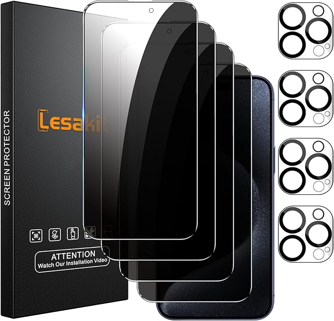4+4 Pack Privacy Screen Protector for iPhone 15 Pro 6.1-Inch with 4 Pack Camera Lens Protector, Anti Spy Tempered Glass Film 9H Hardness Case Friendly