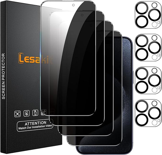 4+4 Pack Privacy Screen Protector for iPhone 15 Pro 6.1-Inch with 4 Pack Camera Lens Protector, Anti Spy Tempered Glass Film 9H Hardness Case Friendly