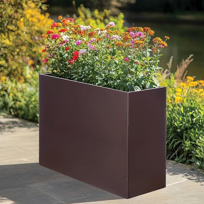 Metal Rectangular Planter Box Tall Planters for Outdoor Plants Modern Heavy Duty with Drainage Holes for Outside Indoor Patio Deck - Brown, 32”x 12”x 24”