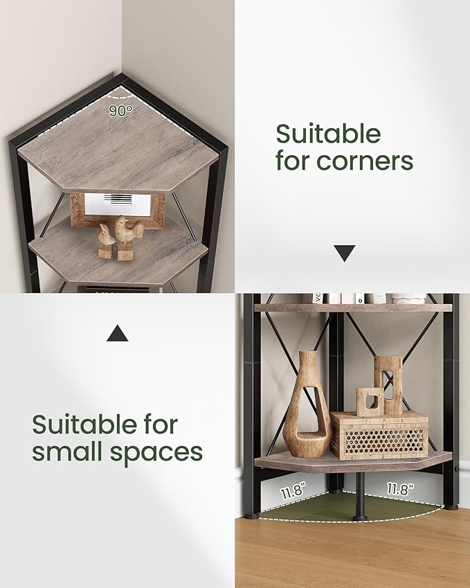 5-Tier Corner Shelf, Corner Bookcase, 55.2" Tall Vertical Display Rack, Plant Stand, Open Storage Shelf, for Living Room, Bedroom, Study, Kitchen, Greige and Black TCJ12BG