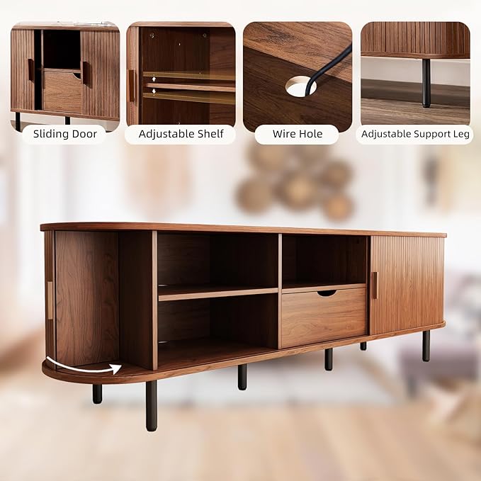 69" Mid-Century TV Stand with Power Outlet, Fluted Entertainment Center with Storage Drawer, TV Console with Sliding Door and Adjustable Shelves, TV Stand up to 80" for Living Room, Bedroom, Walnut