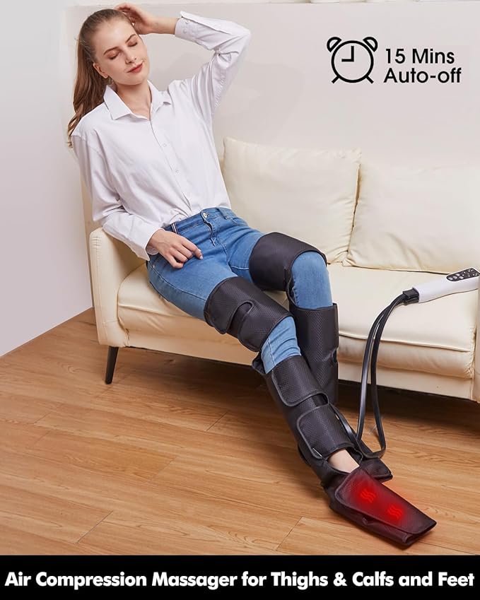 Leg Air Compression Massager for Foot Heat, Air Compression Calf Massage and Thigh Massage, Handheld Controller 3 Intensities 3 Modes (with 4 Extensions and Portable Bag), Gifts for Women