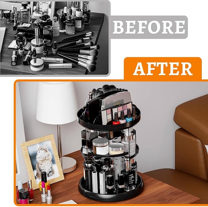 Yieach Rotating Make up Organizers for Counter,Adjustable Spinning Organizer for Vanity,Rotating Perfume Organizer,Lazy Susan Bathroom Organizer for Beauty Product,Spin Skin Care Storage Rack,Black
