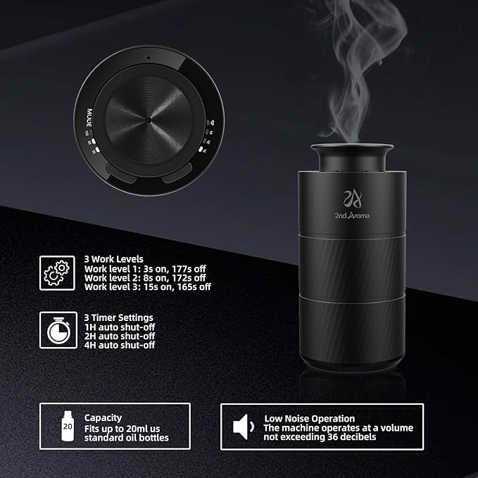 Waterless Car Oil Diffusers with 20ml Essential Oils, Aluminum USB Rechargeable Battery Powered Wireless Diffuser, 3 Timers 3 Mists Portable Aromatherapy Diffuser for Car Office Desk Room