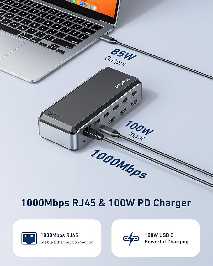 USB C Docking Station Triple Monitor, Raycue 15 IN1 MacBook Pro Docking Station with Power Adapter for MacBook M1/M2/M3/Windows, Laptop Docking Station with HDMI*3, RJ45, 10Gbps USB*5, PD, USB 3.0*2