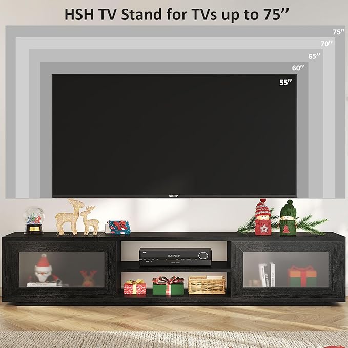 HSH Black TV Stand 70 Inch，Modern TV Console for Living Room and Under TVs Cabinet with Storage,Entertainment Center with Sliding Doors for 75" TVs,Media Console for Bedroom