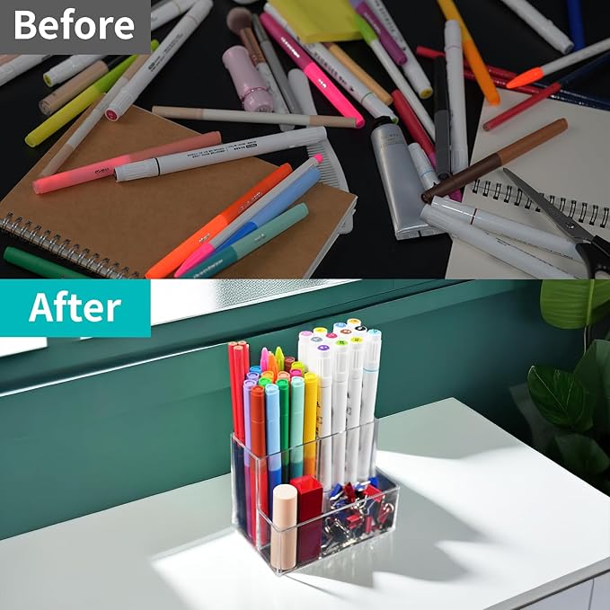 Desktop Clear Pen Holder with 3 Compartments, Acrylic Pencil Holders, Desk Organizers and Accessories