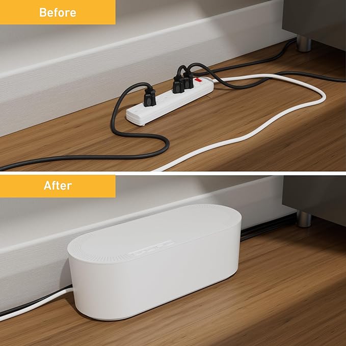 D-Line Cable Management Box, Power Strip Holder, Floor Outlet Hider, Desk Cord Organizer, Cover TV Wires, 12.75" (L) x 5" (W) x 4.5" (H), for use with Power Strips up to 10.5in Length - Small, White