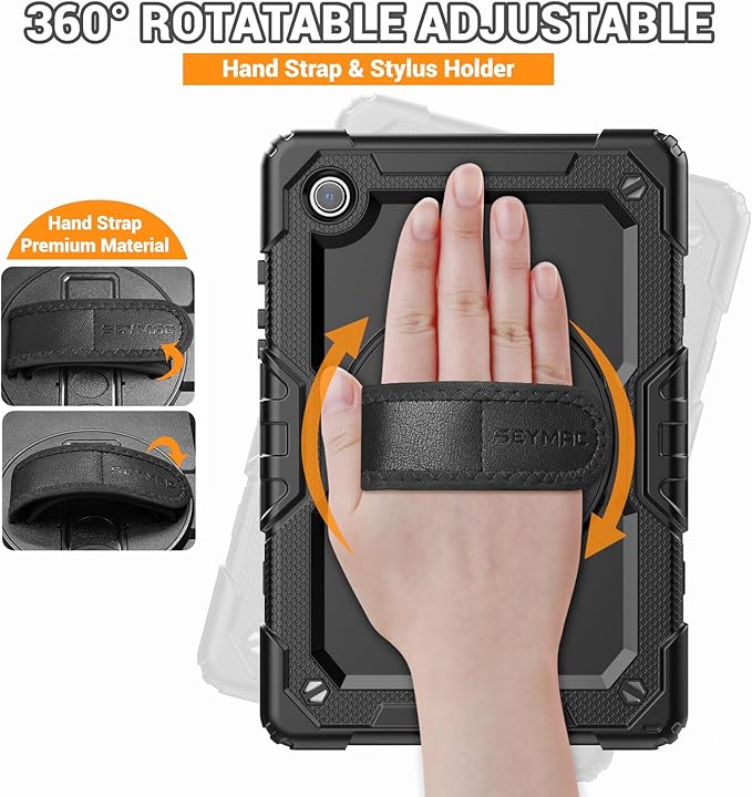 SEYMAC for Samsung Galaxy Tab A8 Case 10.5 Inch (SM-X200/ X205/ X207), Heavy Duty Full-Body Shockproof Protective Case with Screen Protector, Rotating Stand, Hand/Shoulder Strap and Pen Holder, Black