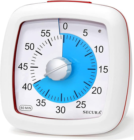 Secura 60-Minute Visual Timer, Silent Study Timer for Kids and Adults, Time Clocks, Time Management Countdown Timer for Teaching (Blue & White)