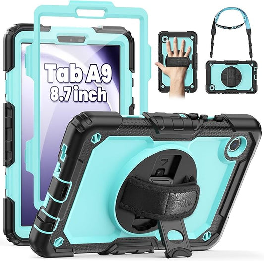 SEYMAC for Samsung Galaxy Tab A9 Case 8.7″ 2023 (SM-X110/X115/X117), Heavy Duty Shockproof Protective Case with Screen Protector, Rotating Stand, Hand/Shoulder Strap and Pen Holder, Light Blue