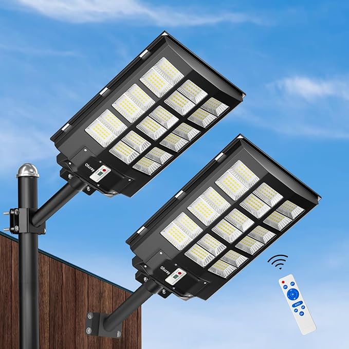 Ofuray Of-3600W Solar Street Light Outdoor, 360000LM Solar Street Light Parking Lot Lights Commercial Dusk to Dawn, 6500k IP67 Waterproof Led with Remote Control Motion for Street,Court,Tree 2Pcs