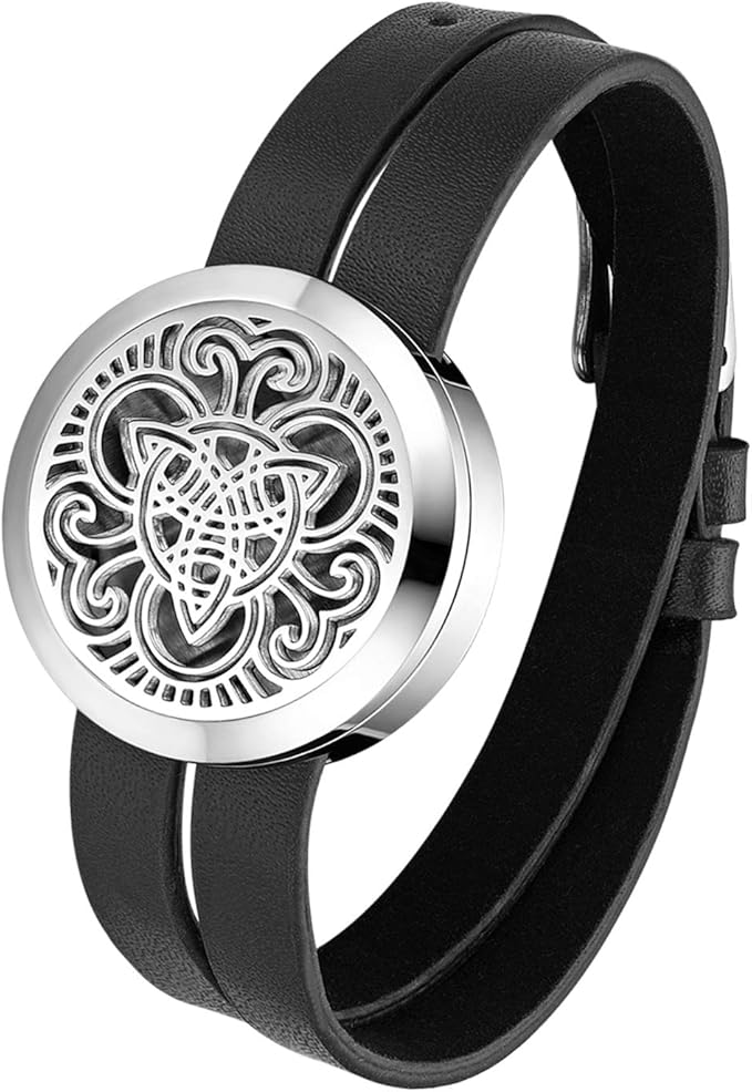 Essential Aromatherapy Oil Diffuser Locket Hollow Celtic Charm Leather Wrap Bracelet with 6 Color Pads,Size Adjustable,Black