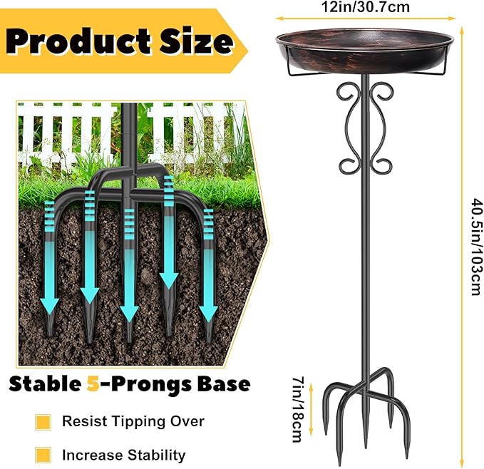 Metal Bird Bath for Outside, 40In Tall Vintage Freestanding Birdbaths & Birdfeeder, Outdoor Bird Bath Bowl with Sturdy 5-Pronged Base for Garden Patio Yard Lawn Decor (Vintage Bronze)