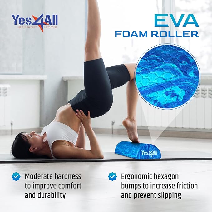 Yes4All EVA Firm Foam Roller for Stretching, Half Yoga Back Roller for Muscle Massage for Pilates, Yoga, Balance & Core Exercises - 12/36 inches