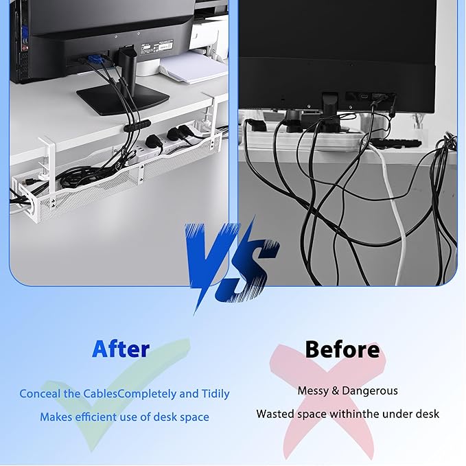 Under Desk Cable Management Tray 25.3 Inch – No Damage Install, Cord Organizer for Office & Home, Wire Organizer for Desk Storage, White